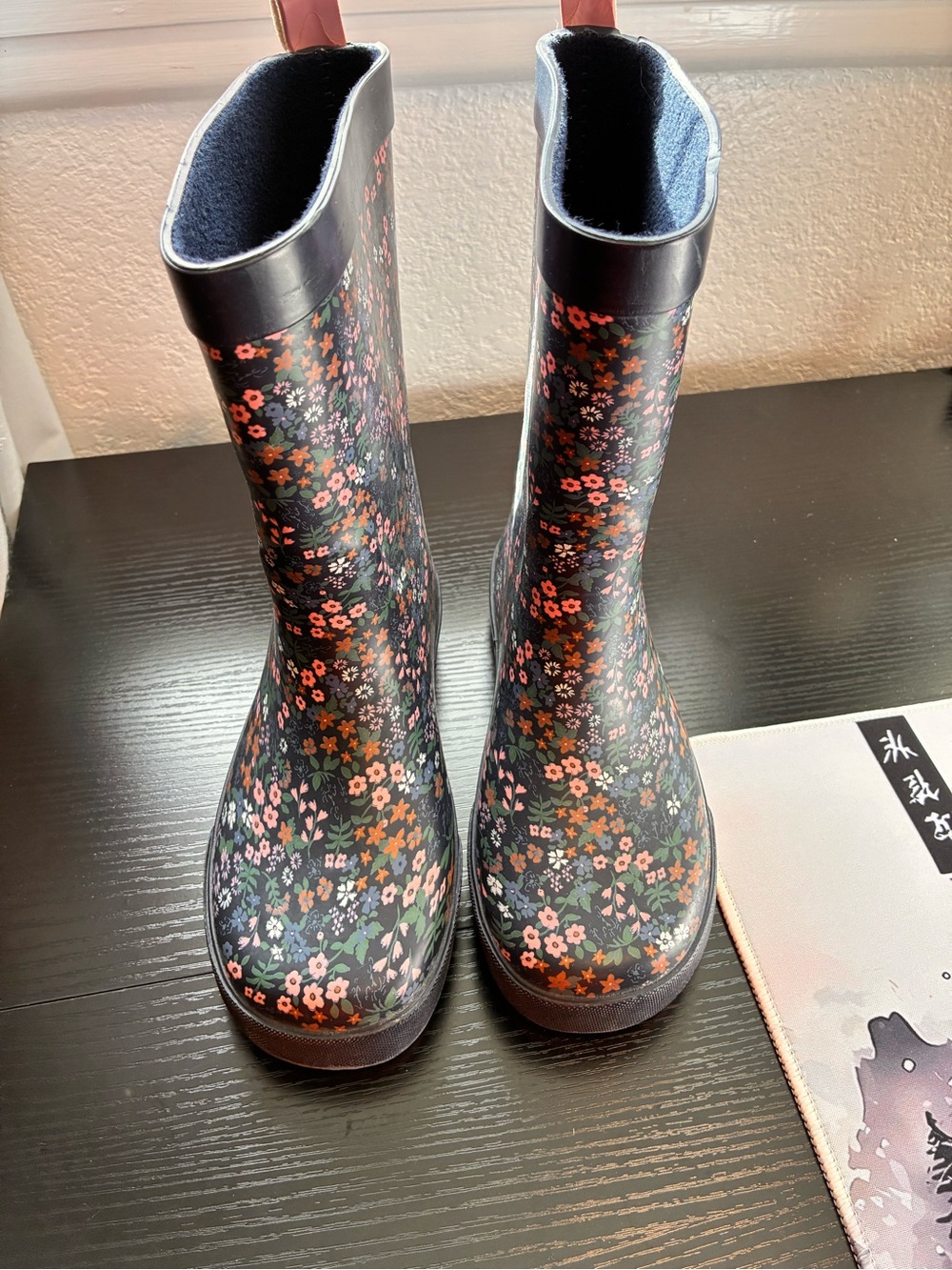 Kids Floral Rain Boots in Navy with Pink Accents - Picture 2 of 5